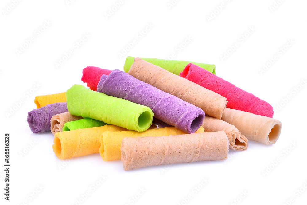 pile of colorful coconut-biscuit curl, thai dessert isolated on white background pile of colorful coconut-biscuit curl, thai dessert isolated on white background