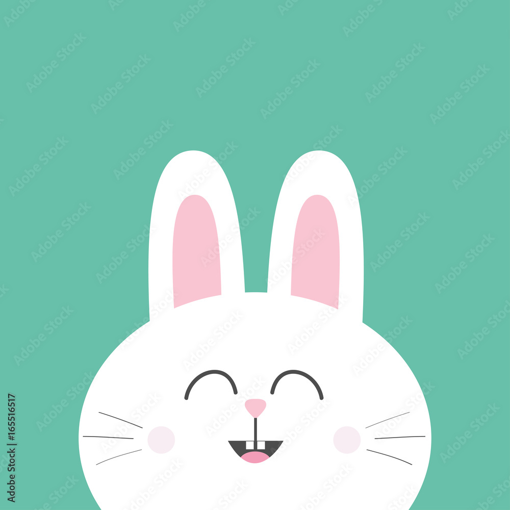White bunny rabbit with long ears. Cute cartoon smiling character. Baby  greeting card. Happy Easter sign symbol. Green background. Flat design.  Stock Vector | Adobe Stock