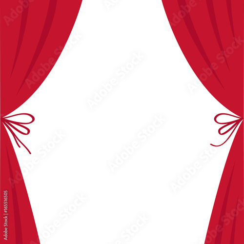 Open luxury red silk stage theatre curtain. Velvet scarlet curtains with bow. Flat design. Movie cinema premiere. Template. White background. Isolated.