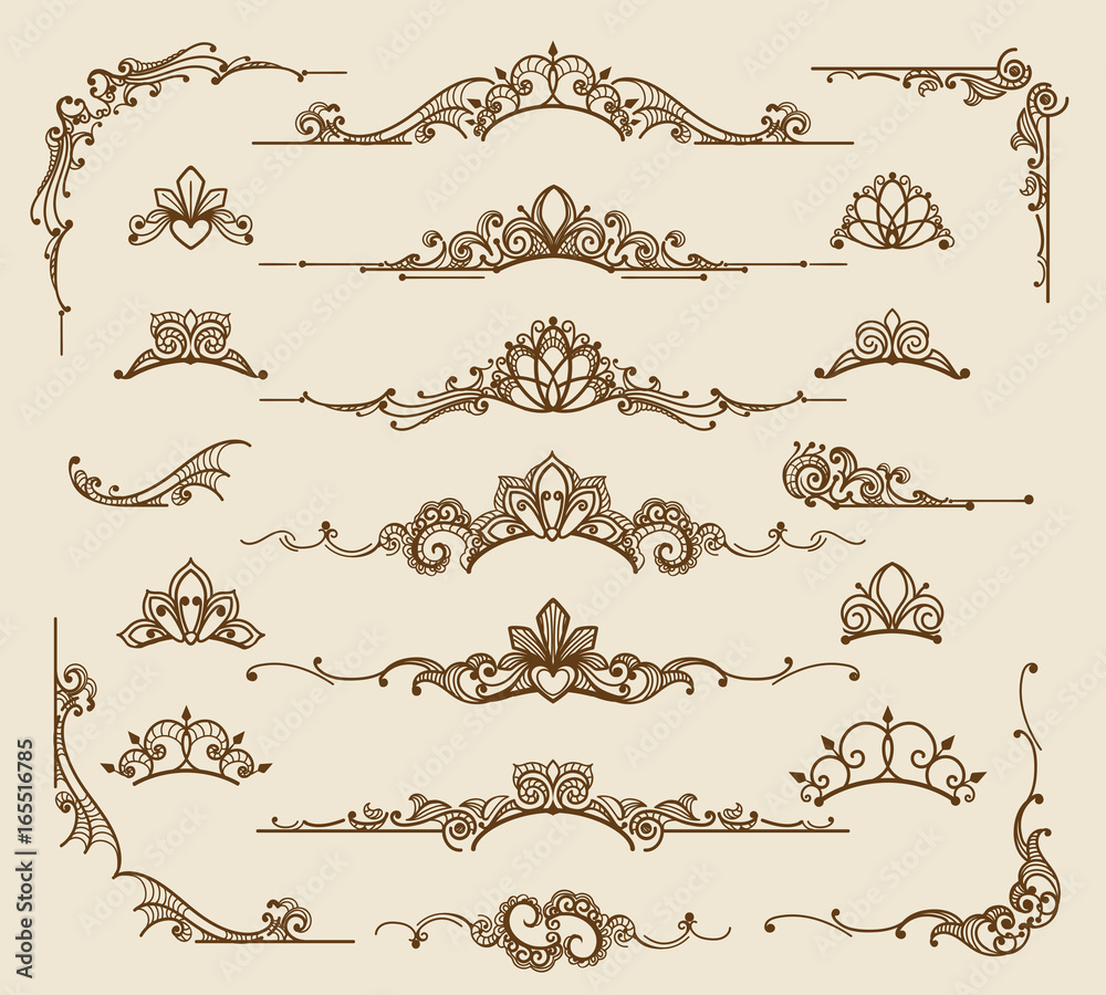 Royal victorian filigree design elements. Vector retro queen flourish swirls and antique calligraphy borders - obrazy, fototapety, plakaty 
