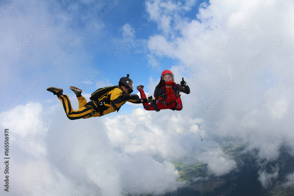 Two skydivers are in the sky.