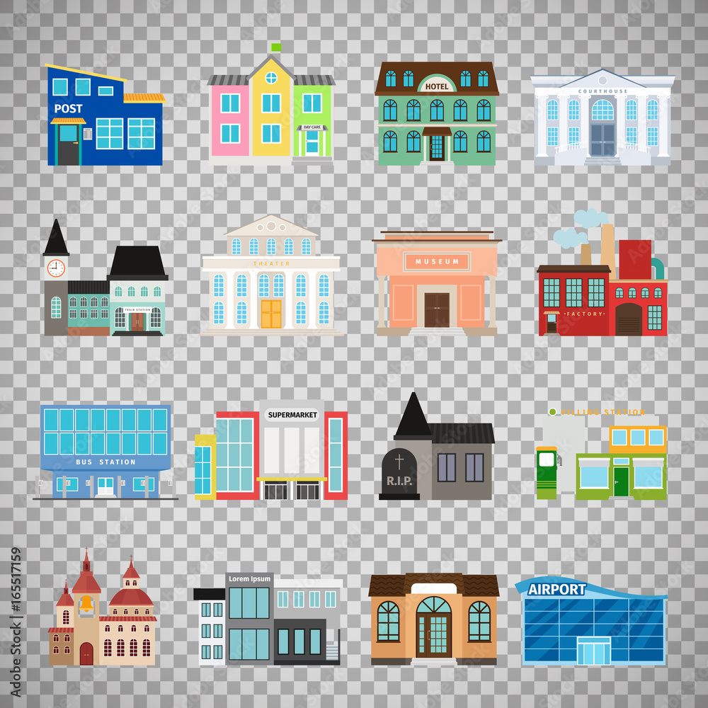 City buildings icons on transparent background