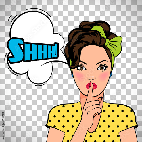 Pop art woman asking for silence