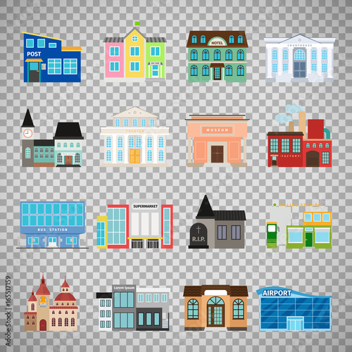 City buildings icons on transparent background
