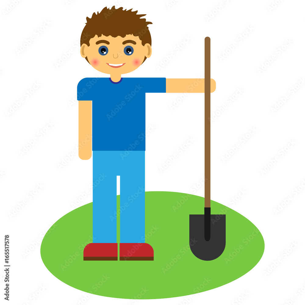 Boy with a shovel on green grass. Boy with a shovel on green grass.
