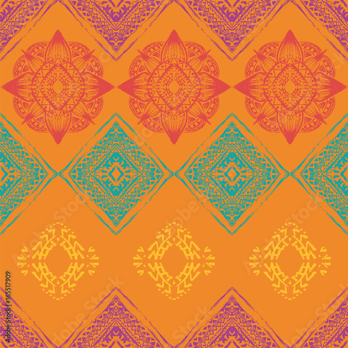 Seamless pattern with ornaments in bohemian style. Native American vector elements painted with grunge brushes