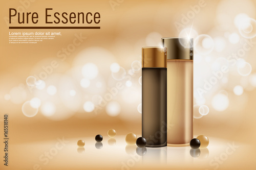 Perfume contained on bronze background with soft bokeh. Poster for the promotion of moisturizing and nourishing cosmetic premium product. Vector illustration.