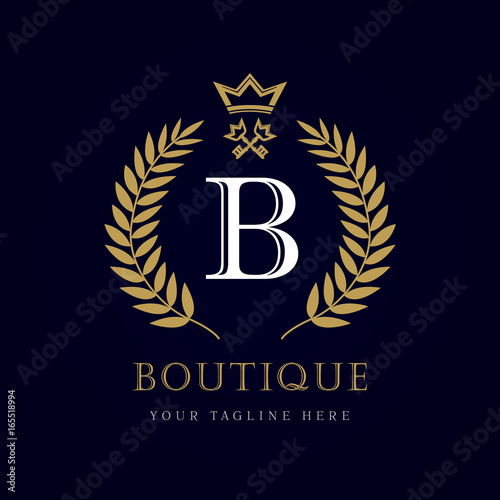 Luxury boutique crown key letter "B" monogram logo. Laurel elegant beautiful round logo with crown and key. Vector letter emblem sign B for Royalty, Restaurant, Boutique, Hotel, Heraldic, Jewelry