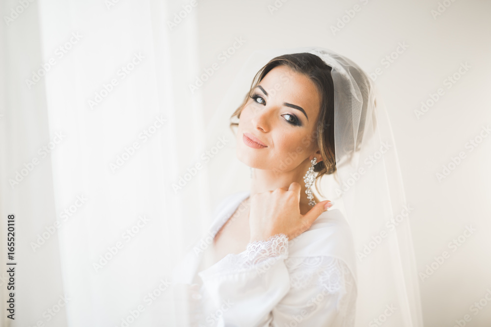 Luxury bride in white dress posing while preparing for the wedding ceremony Luxury bride in white dress posing while preparing for the wedding ceremony