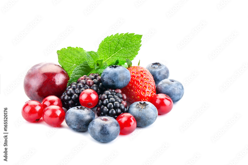 a bunch of fresh berries on a white background. Ripe Sweet Strawberries, Blackberries, Blueberries, Currants, Cherries. a bunch of fresh berries on a white background. Ripe Sweet Strawberries, Blackberries, Blueberries, Currants, Cherries.