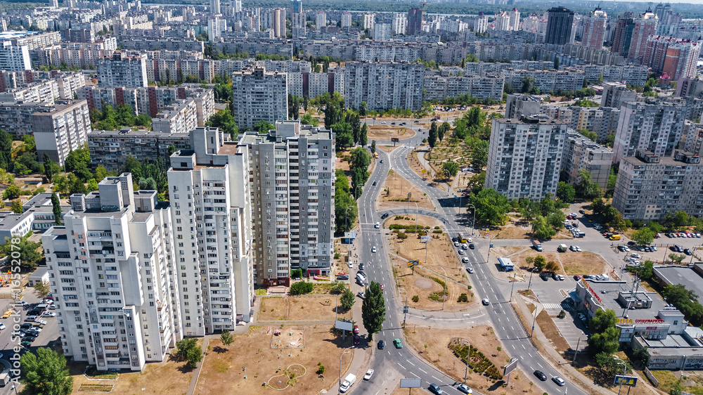 Aerial view of new modern residential Obolon district in Kiev city from above, cityscape of Kyiv, Ukraine
