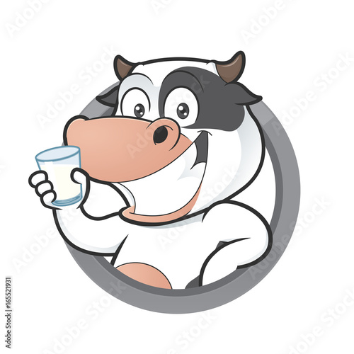 Cow with glass of milk in round frame