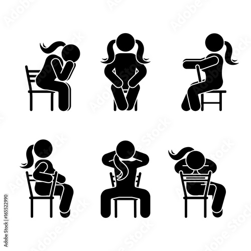 Woman people various sitting position. Posture stick figure. Vector seated person icon symbol sign pictogram on white