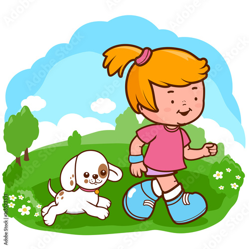 A little girl and her dog running at the park. Vector illustration