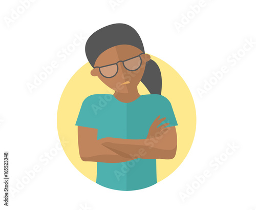 Offended black girl in glasses. Insult emotion. Flat design sign. Abused woman. Simply editable isolated on white vector illustration