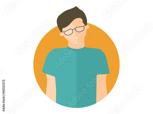Weak, sad, depressed boy in glasses. Flat design icon. Handsome man with feeble depression emotion. Simply editable isolated on white vector sign