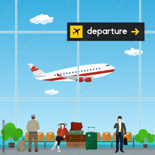 Waiting Room with People, Airplane Takes Off from the Airport , Scoreboard Departures from Airport, Travel Concept, Flat Design, Vector Illustration