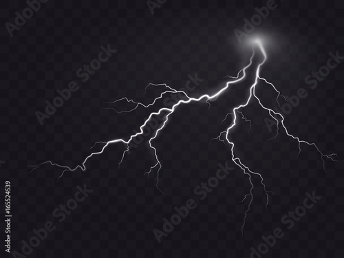 Vector illustration of a realistic style of bright glowing lightning isolated on a dark translucent background, natural light effect. Magic white thunderstorm lightning, print, pattern, design element