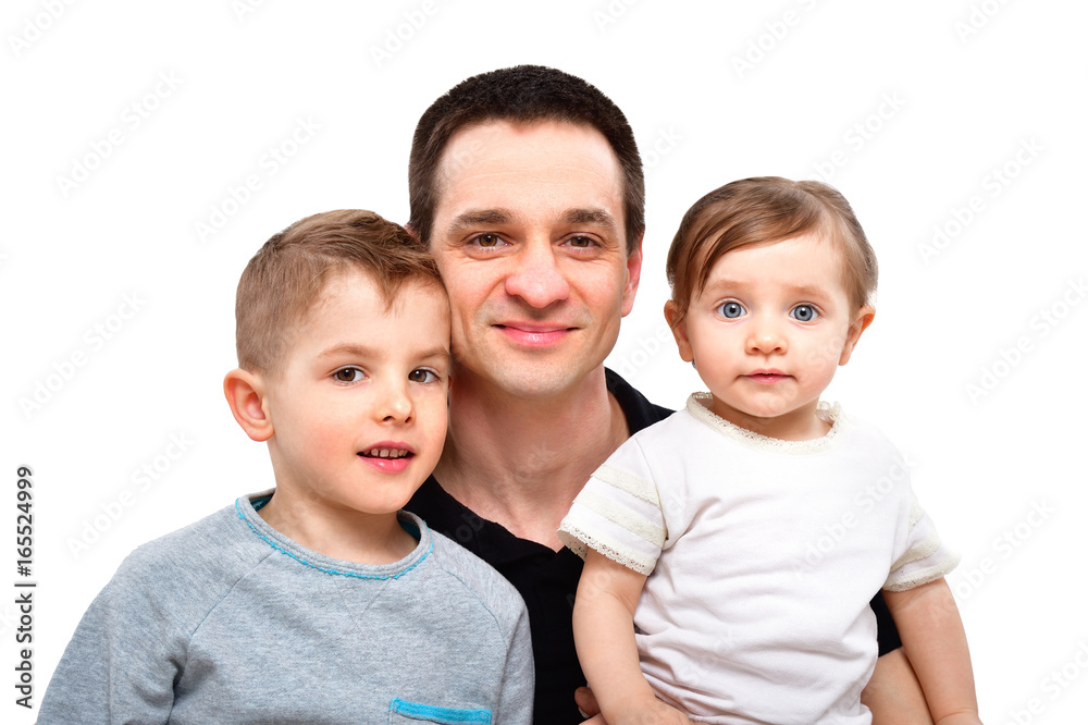Portrait of a happy father and his children, isolated on a white background Portrait of a happy father and his children, isolated on a white background