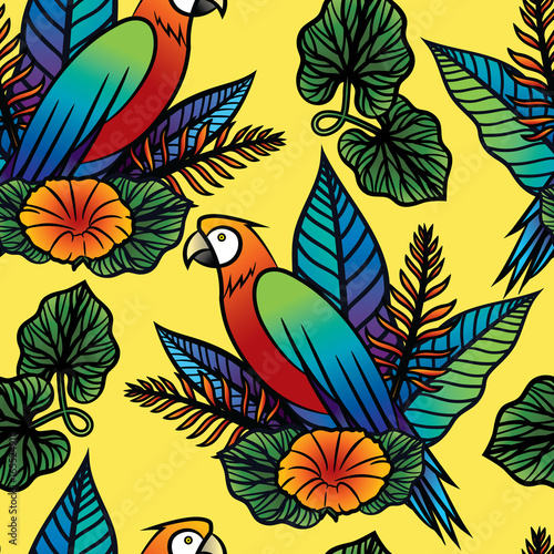 Colorful tropical pattern with exotic plants and parrot. Seamless vector tropical pattern with leaves and bird