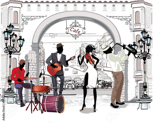 Street musicians in the city. Jazz band. Hand drawn vector illustration with retro buildings. photo