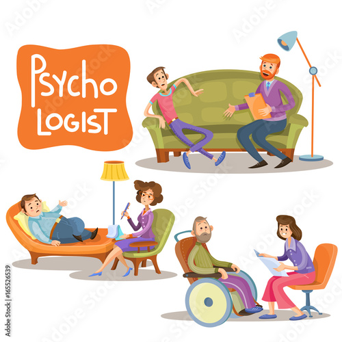 Vector cartoon illustrations the patient is talking with psychotherapist, consultation of psychologist. Depression businessman, teenage problems, alcohol and drug addiction, persons with disabilities