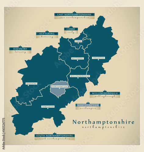 Modern Map - Northamptonshire county with district labels England UK illustration