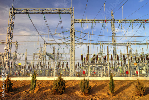 High voltage switchyard in modern electrical substation photo