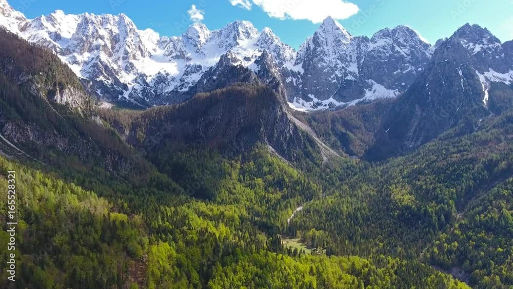 Aerial view on mountains in Triglav national park in Slovenia at spring, 4k
