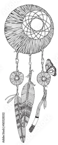 Moon dreamcatcher with feathers and branches. Doodle style. Black and white. Hand drawn Adult Coloring Book page with cozy Dream Catcher.