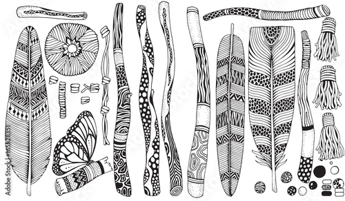 Set of wooden branches, Painted Sticks, Feathers, flowers. Doodle style. Black and white, boho, vector, tribal design elements.