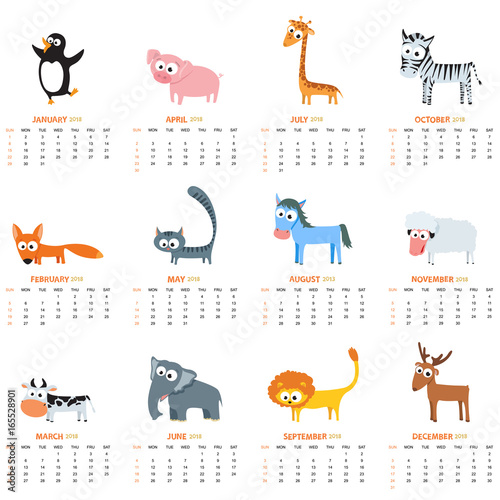 Monthly calendar 2018 with cute animals
