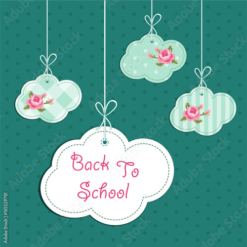 Back to School background with retro fabric clouds on strings and roses in shabby chic style