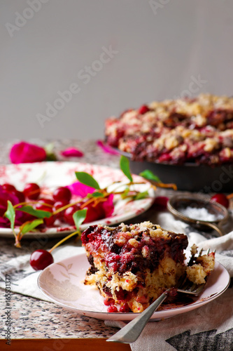 chocolate cherry cake with chocolate oat streusel.