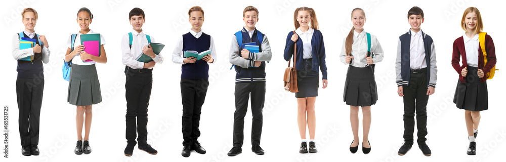 Collage of children in different school uniforms on white background Collage of children in different school uniforms on white background