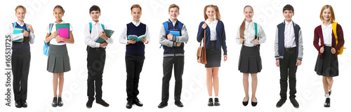 Collage of children in different school uniforms on white background