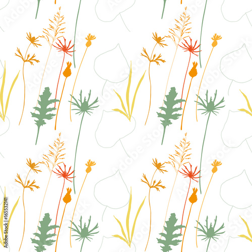 Floral vector seamless pattern with cornflowers, thistles and grasses.