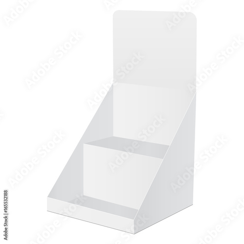 Pos cardboard blank display box with holder isolated on white background. Mockup for design or branding. Vector illustartion