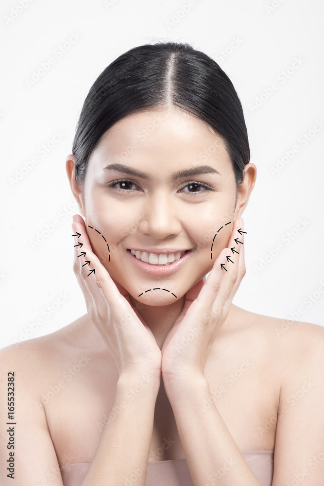 Beautiful woman face with surgery drawing line, surgery concept