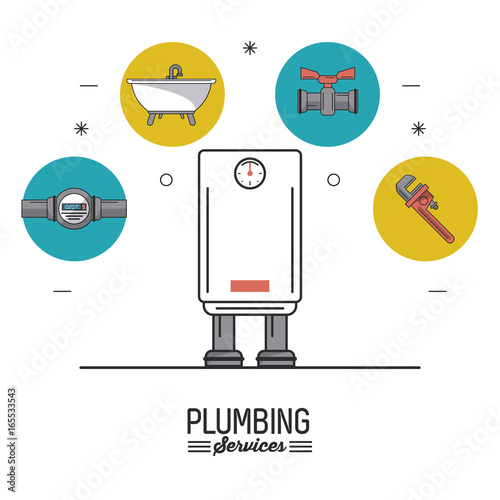 white background poster plumbing services with color water heater in closeup and plumbing icons on top vector illustration