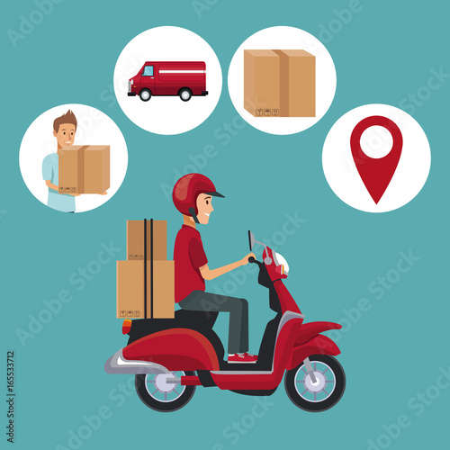 color background with man scooter with packages and icons fast delivery