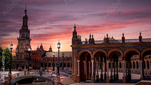 amazing view sunset from plaza de España located in Seville spain