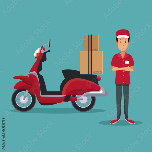 color background with man worker with scooter and packages fast delivery