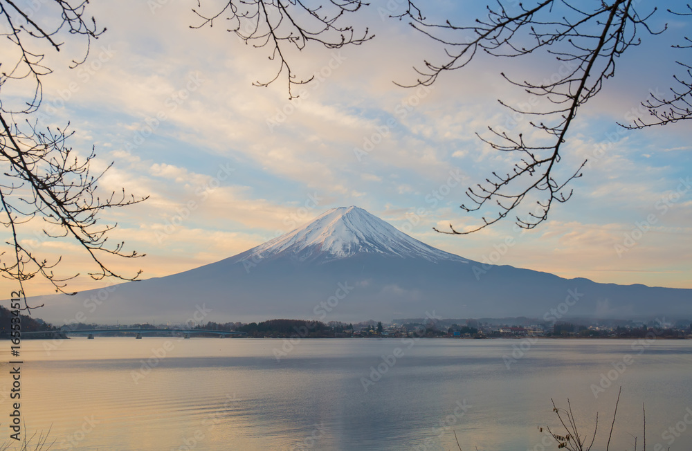 Mt.Fuji at Lake Kawaguchiko japan. autumn season in japan. Maple japan and mount fuji on blue sky.