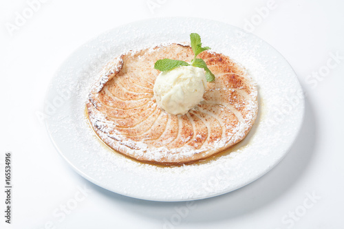 apple tart, flat apple pie with ice cream on the white background
