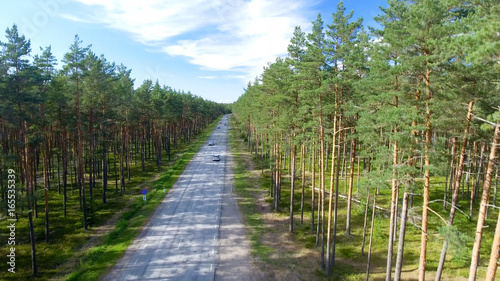 Aerial view of beautiful road across the forest