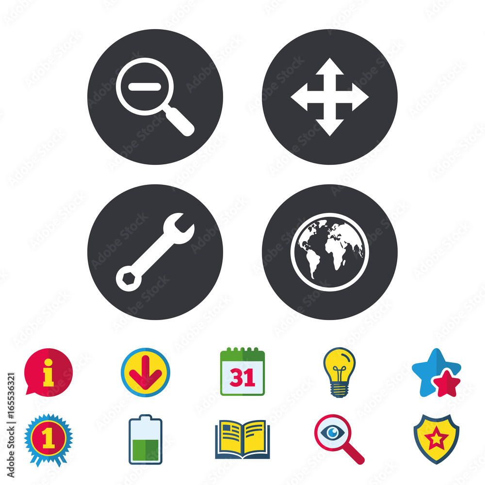 Magnifier glass and globe search icons. Fullscreen arrows and wrench key repair sign symbols. Calendar, Information and Download signs. Stars, Award and Book icons. Light bulb, Shield and Search Magnifier glass and globe search icons. Fullscreen arrows and wrench key repair sign symbols. Calendar, Information and Download signs. Stars, Award and Book icons. Light bulb, Shield and Search