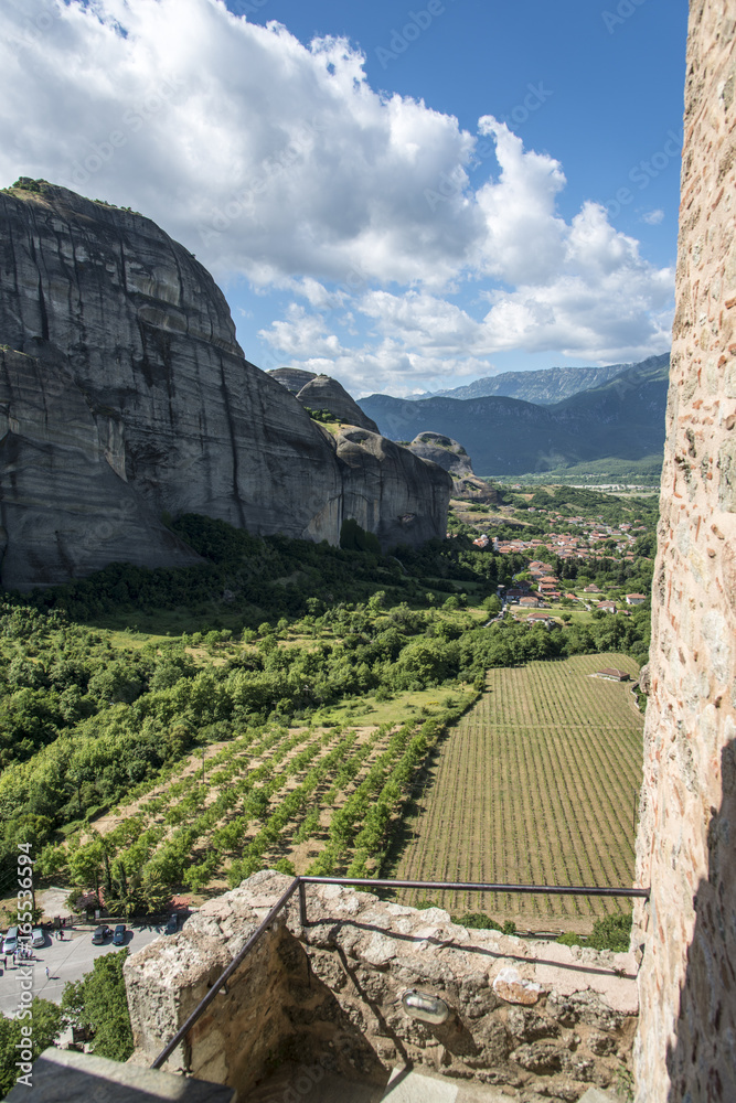 Cultivated fields panoramic view in Meteora, Greece