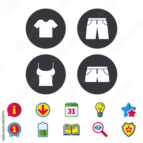 Clothes icons. T-shirt and pants with shorts signs. Swimming trunks symbol. Calendar, Information and Download signs. Stars, Award and Book icons. Light bulb, Shield and Search. Vector