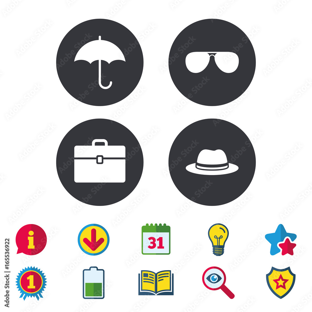 Clothing accessories icons. Umbrella and sunglasses signs. Headdress hat with business case symbols. Calendar, Information and Download signs. Stars, Award and Book icons. Vector Clothing accessories icons. Umbrella and sunglasses signs. Headdress hat with business case symbols. Calendar, Information and Download signs. Stars, Award and Book icons. Vector